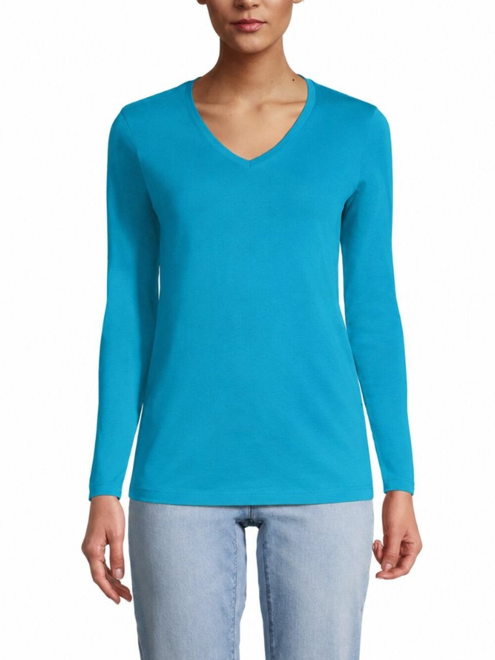 2/$30 Lands' End Relaxed Supima Long Sleeve V-Neck T-Shirt Baltic Teal XL #A2884